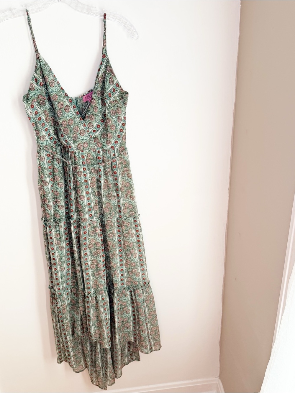 Miami by Francesca’s Boho 3 Tiered Maxi Dress in Sage Green with Tie Belt